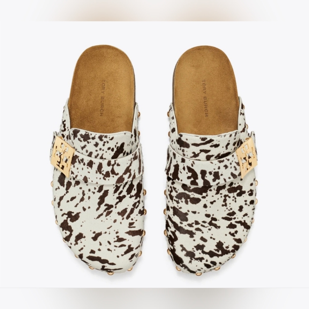 TORY BURCH MELLOW STUDDED MULE cow Print With Gold Studs Woman's 10 Slides NIB - Picture 4 of 11
